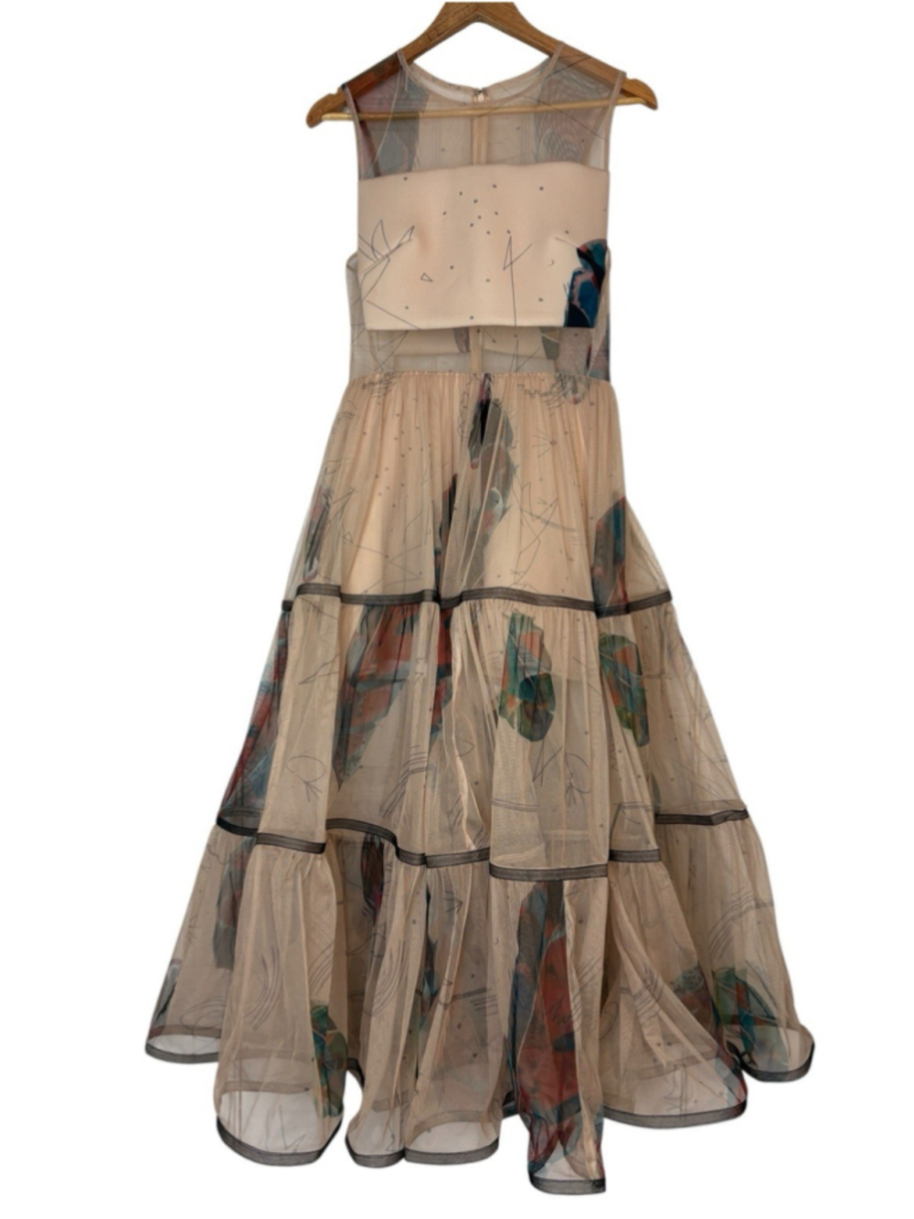 RARE Gauri & Nainika x KOOVS Dress Beige Mesh Tiered Maxi Gown Cutout Print XL - Picture 3 of 12